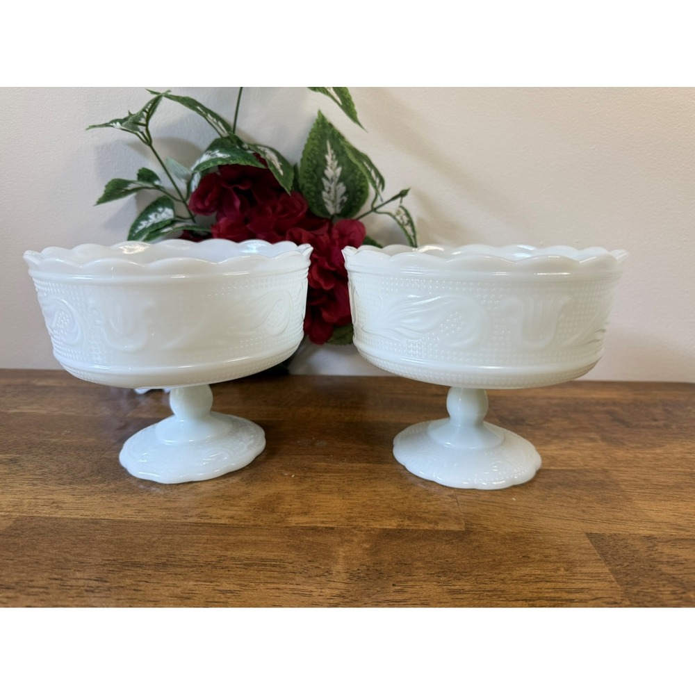 Vintage E.O. Brody Milk Glass Pedestal Compotes –‎ Embossed Scalloped Design